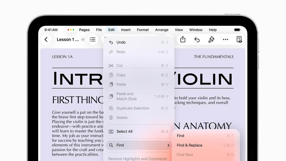 menu bar options in Apple Pages app on iPadOS
