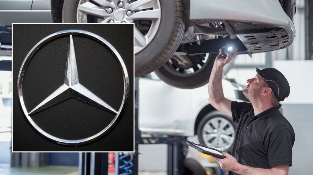 Mercedes-Benz logo and a mechanic assessing a car