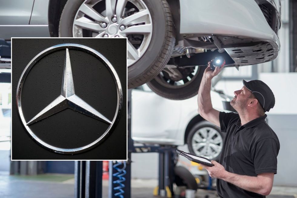 Mercedes-Benz logo and a mechanic assessing a car