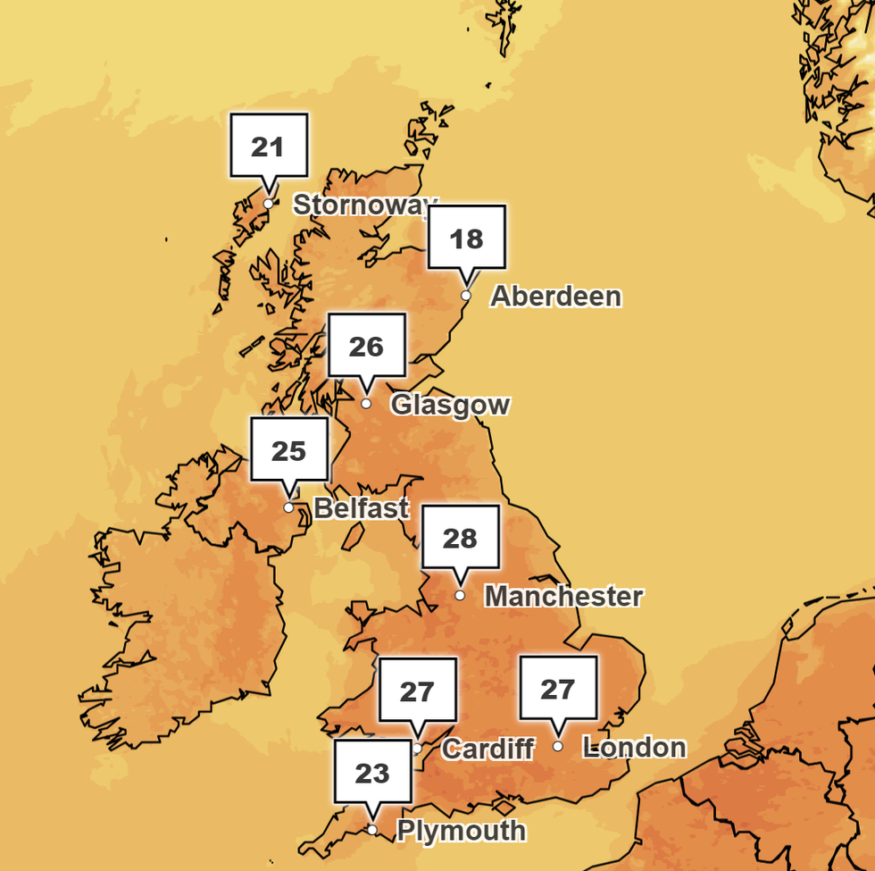 Mercury will reach 27C in Cardiff, Manchester and London on Tuesday.