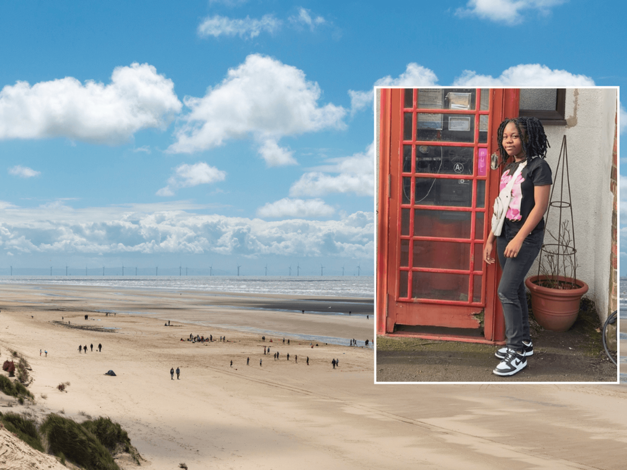 Merseyside beach and photo of Chiedza Nyanjowa