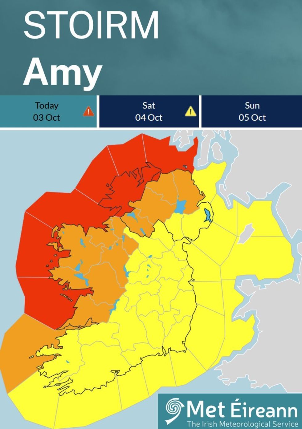 Met Eireann has issued severe wind warnings for much of the west coast