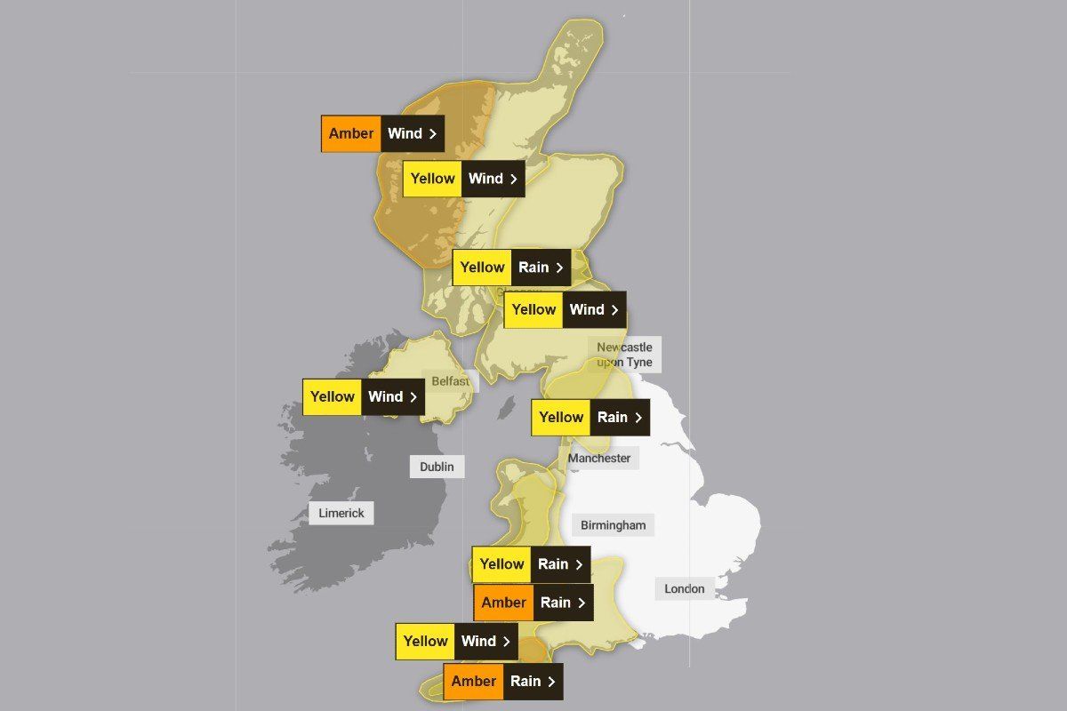 Met Office alerts are in force across the country, including multiple amber alerts across the UK's west coast