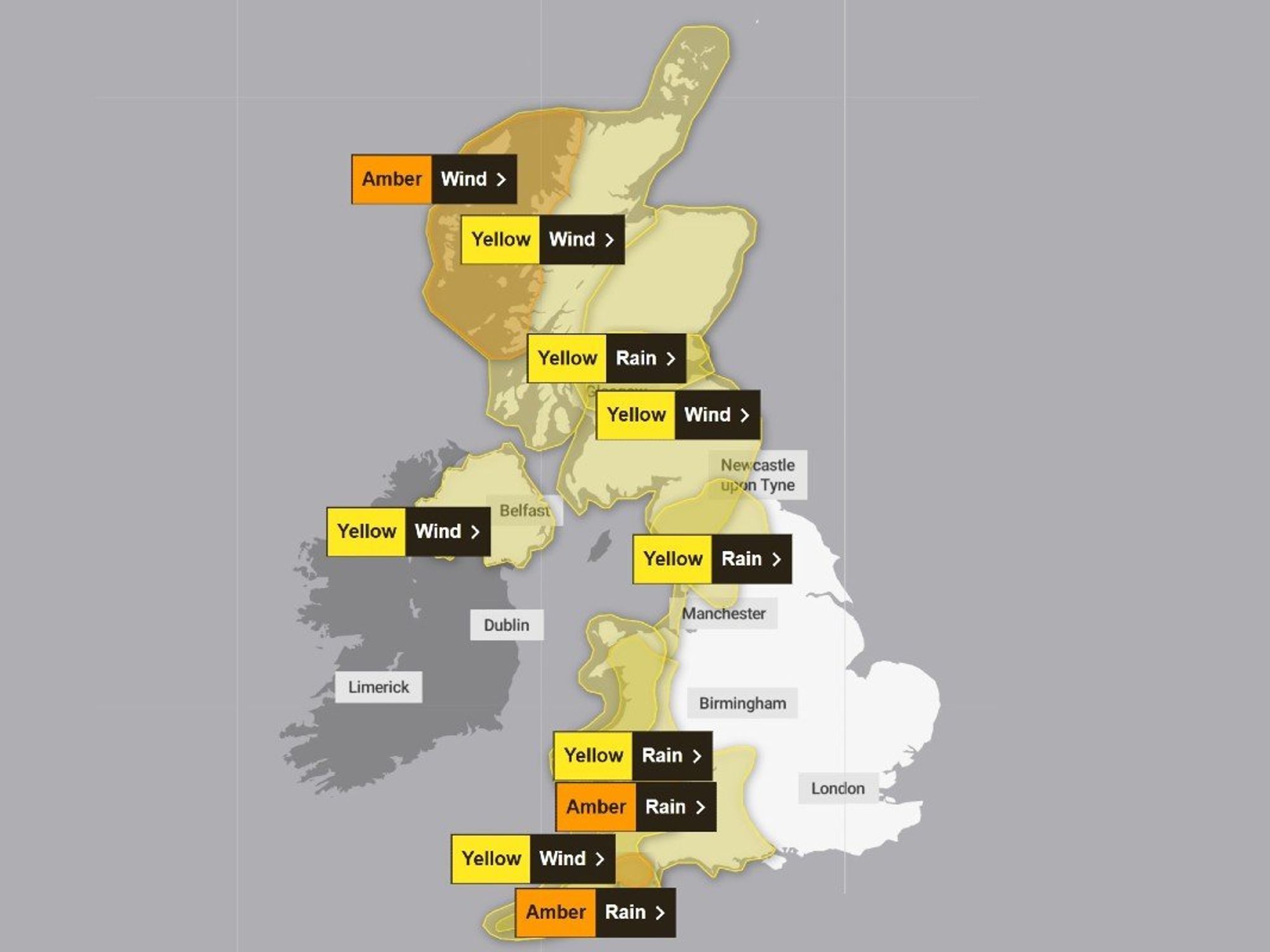 Met Office alerts are in force across the country, including multiple amber alerts across the UK's west coast