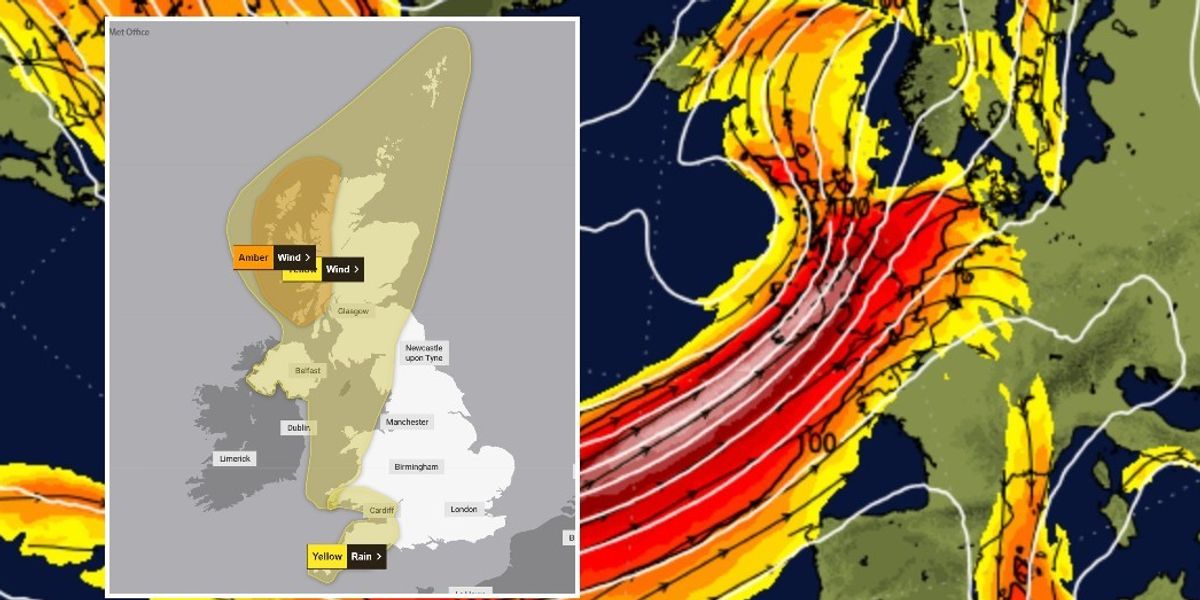 NextImg:UK weather: Hurricane-force winds sweep in from 'powerful 200mph+ jet stream’ - rare amber warning issued
