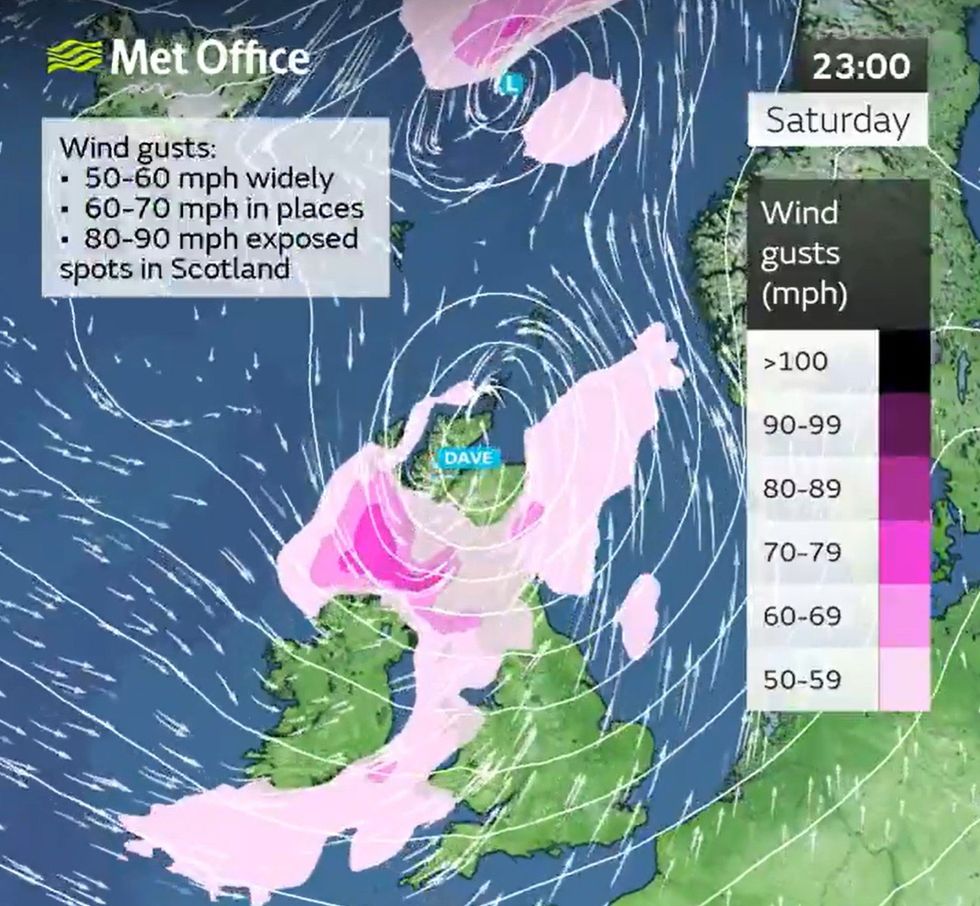 Met Office map showing wind gusts during Storm Dave