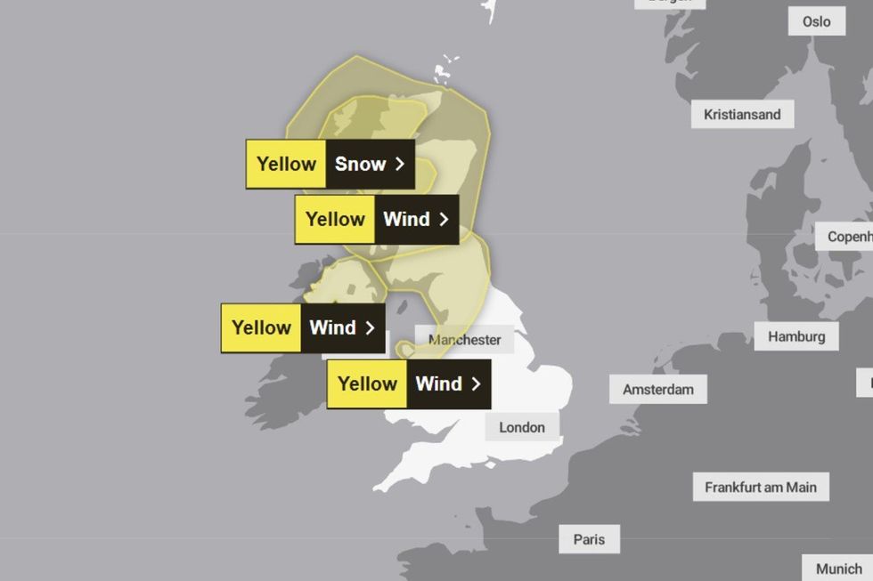 Met Office map shows yellow warning in force across northern England, Scotland and Northern Ireland