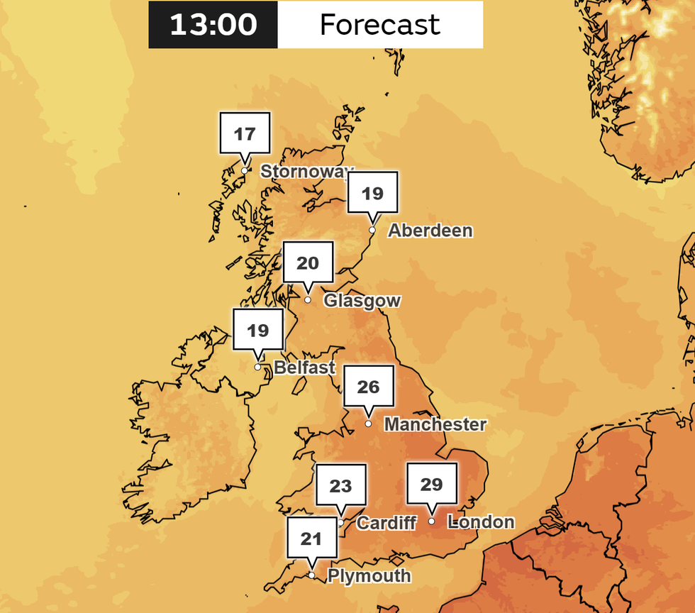 Met Office temperature forecast for 1pm on Sunday