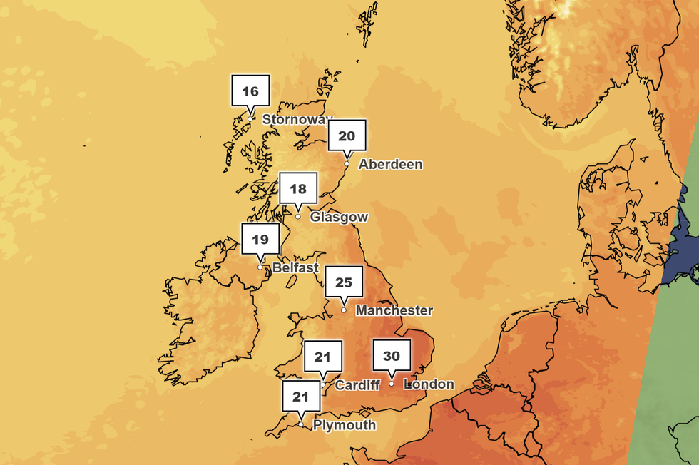 Met Office temperatures for Sunday