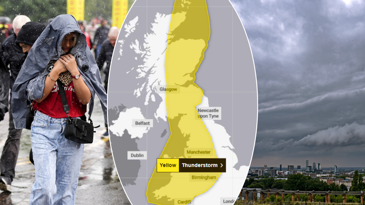 Met Office warning/person in the rain/thunder over Merseyside