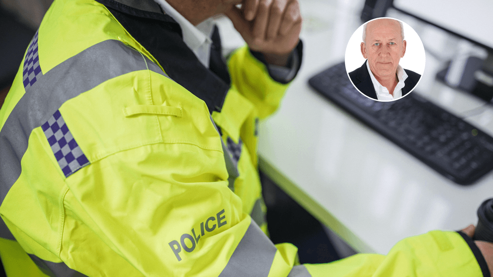 Met officer on his computer (left), Peter Bleksley (right)