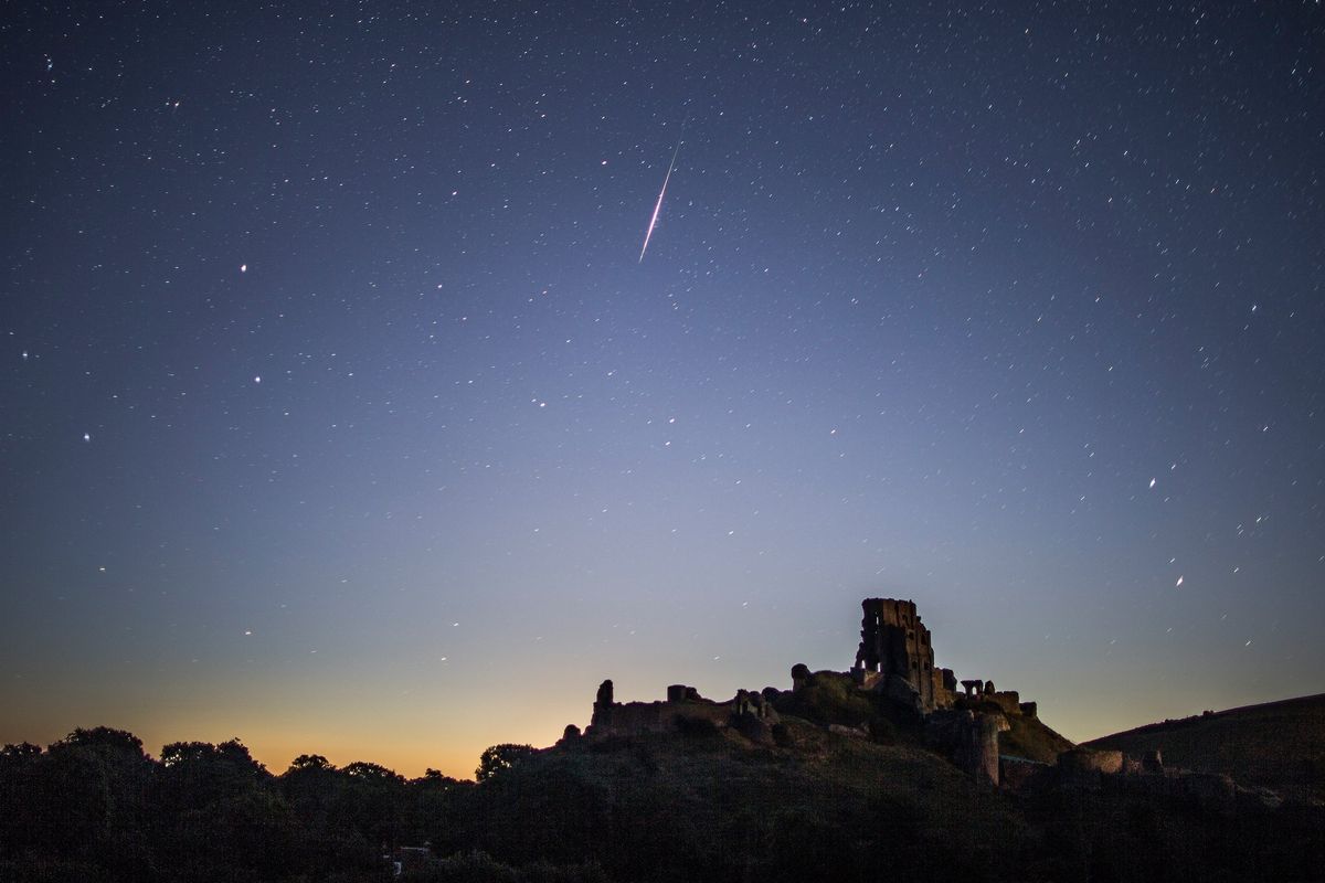 Meteor shower over Corfe Castle, Dorset