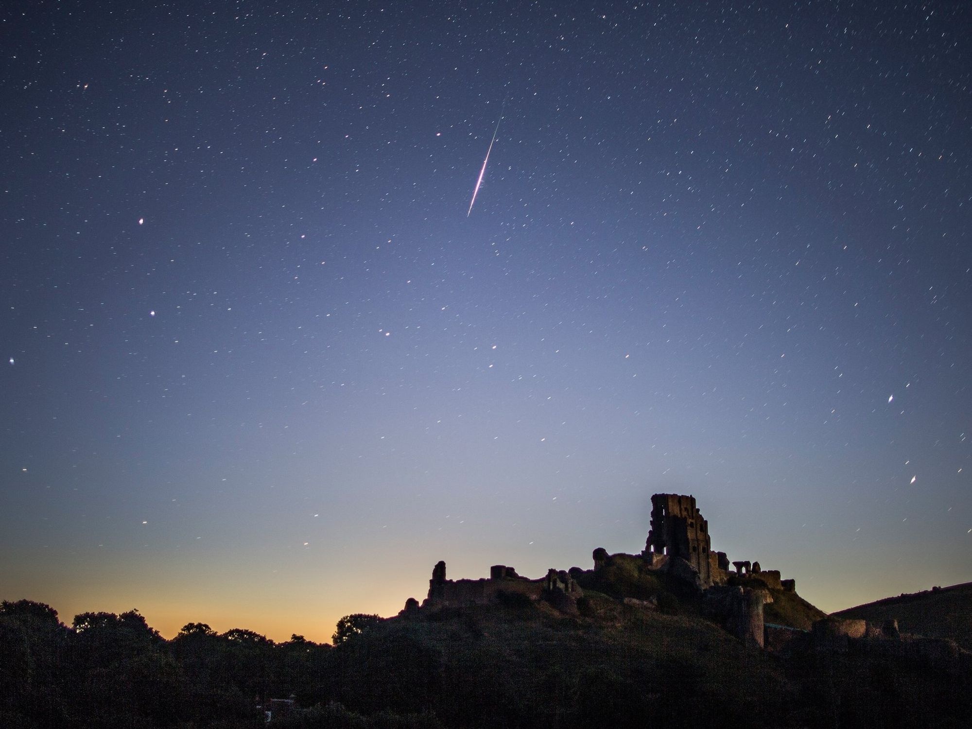 Meteor shower over Corfe Castle, Dorset