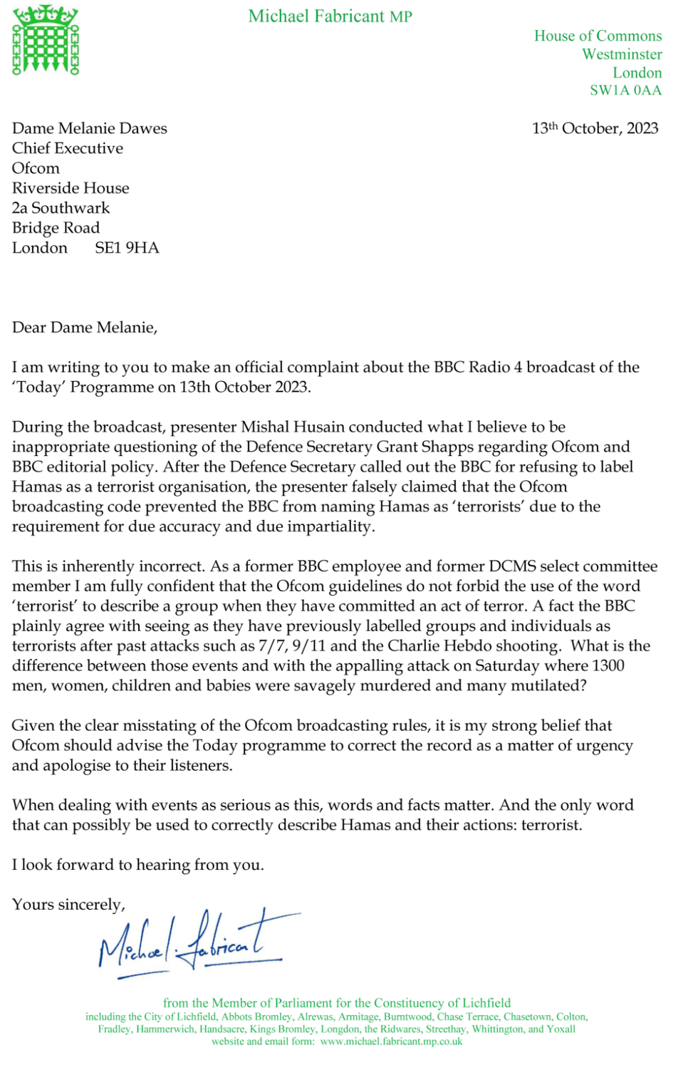 Michael Fabricant letter