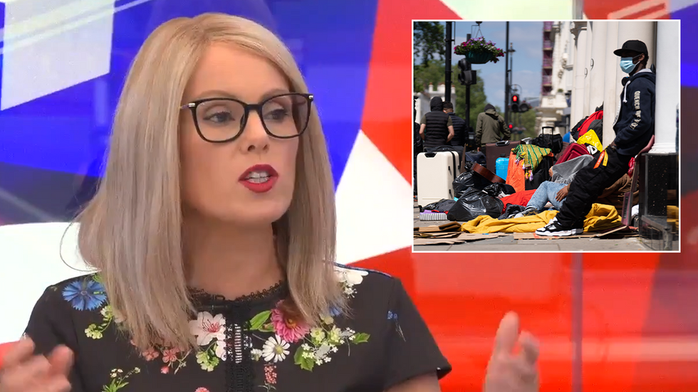 Michelle Dewberry with an inset image of migrants outside a hotel