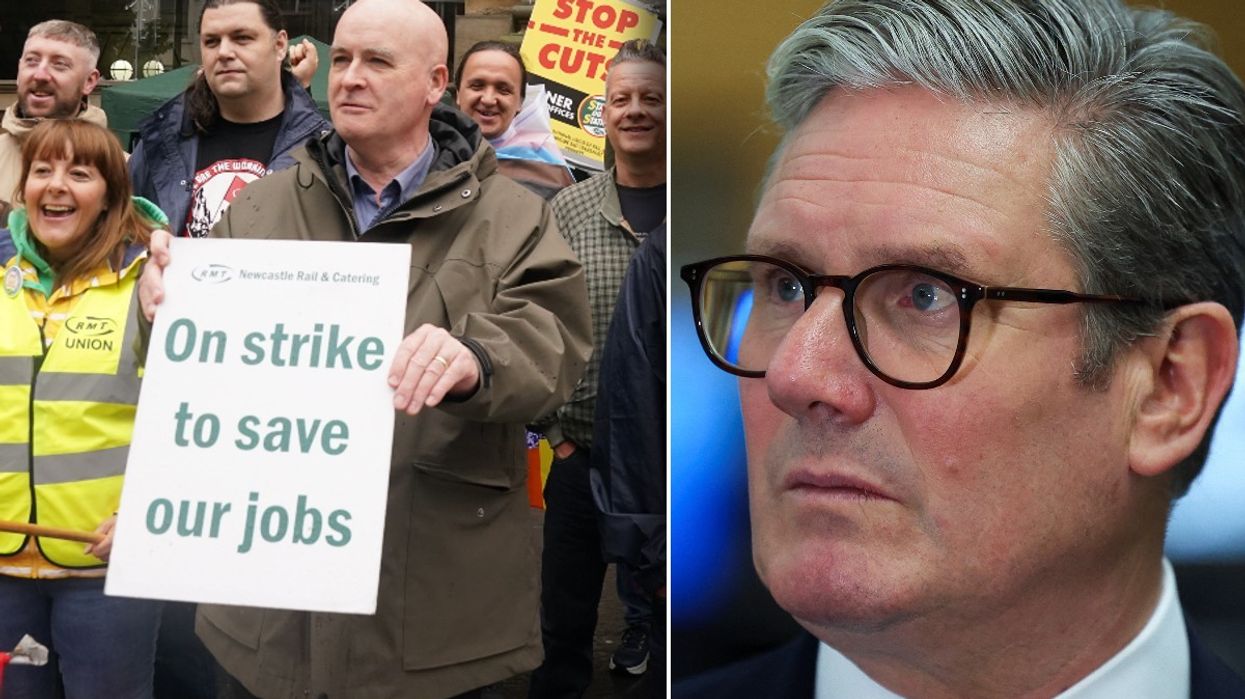 Mick Lynch on a picket line and Keir Starmer