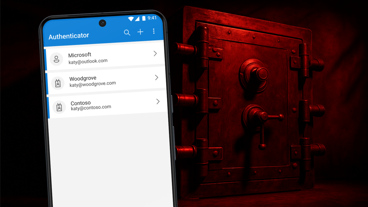 Microsoft Authenticator App shown on the password screen on the left-hand side of the screen, with a red-tinged picture of a safe on the red