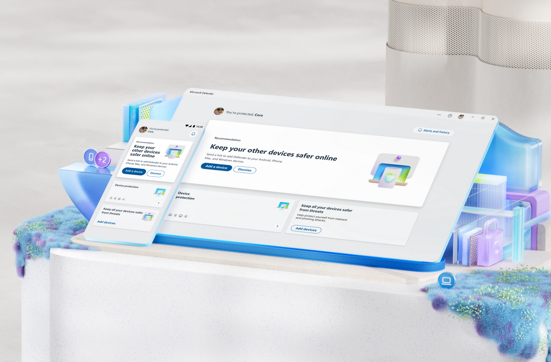 Microsoft Defender app pictured on a desktop app window and mobile