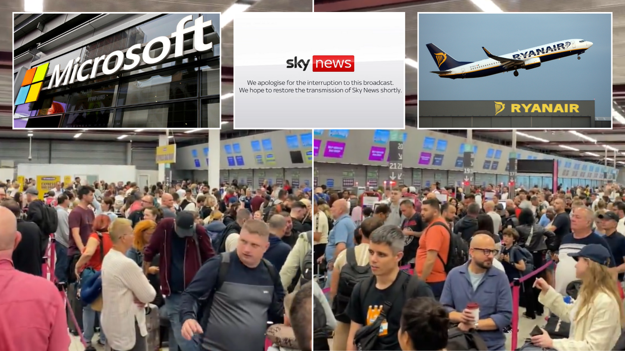 Microsoft logo/Sky News downed screen/Ryanair plane/queues at Luton airport