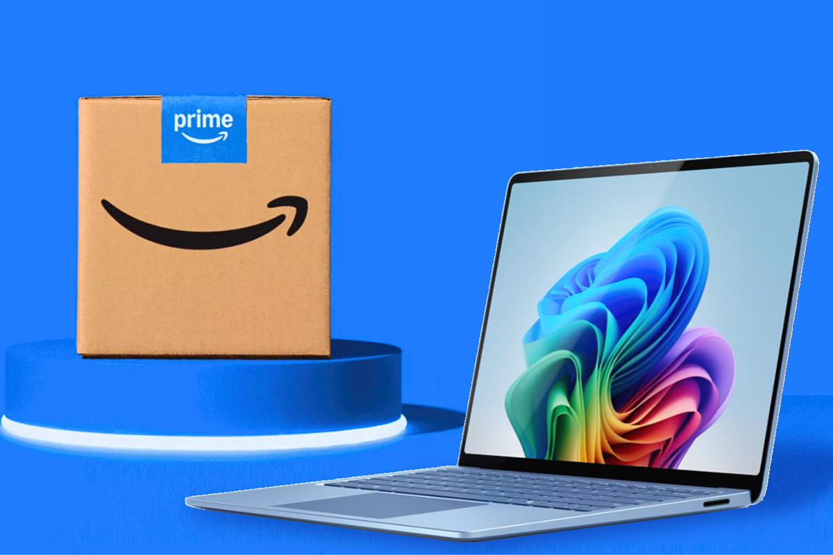Microsoft Surface 13.8 Laptop in the bottom right corner with an amazon prime box in the background