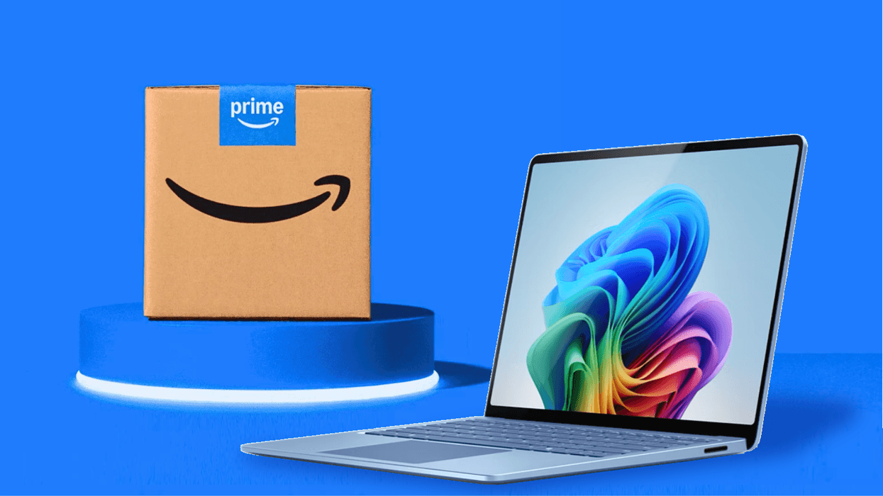 Microsoft Surface 13.8 Laptop in the bottom right corner with an amazon prime box in the background