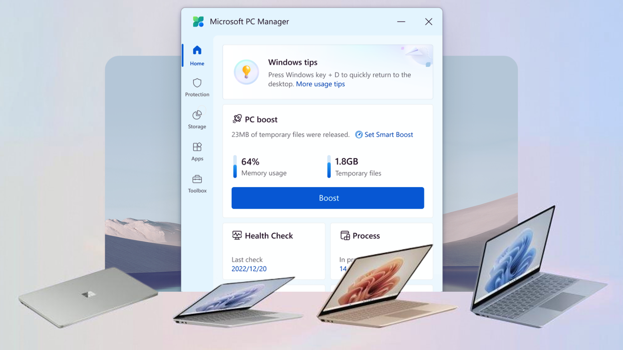 microsoft surface laptops are pictured opening in front of a screenshot of the new PC Manager app released by Microsoft