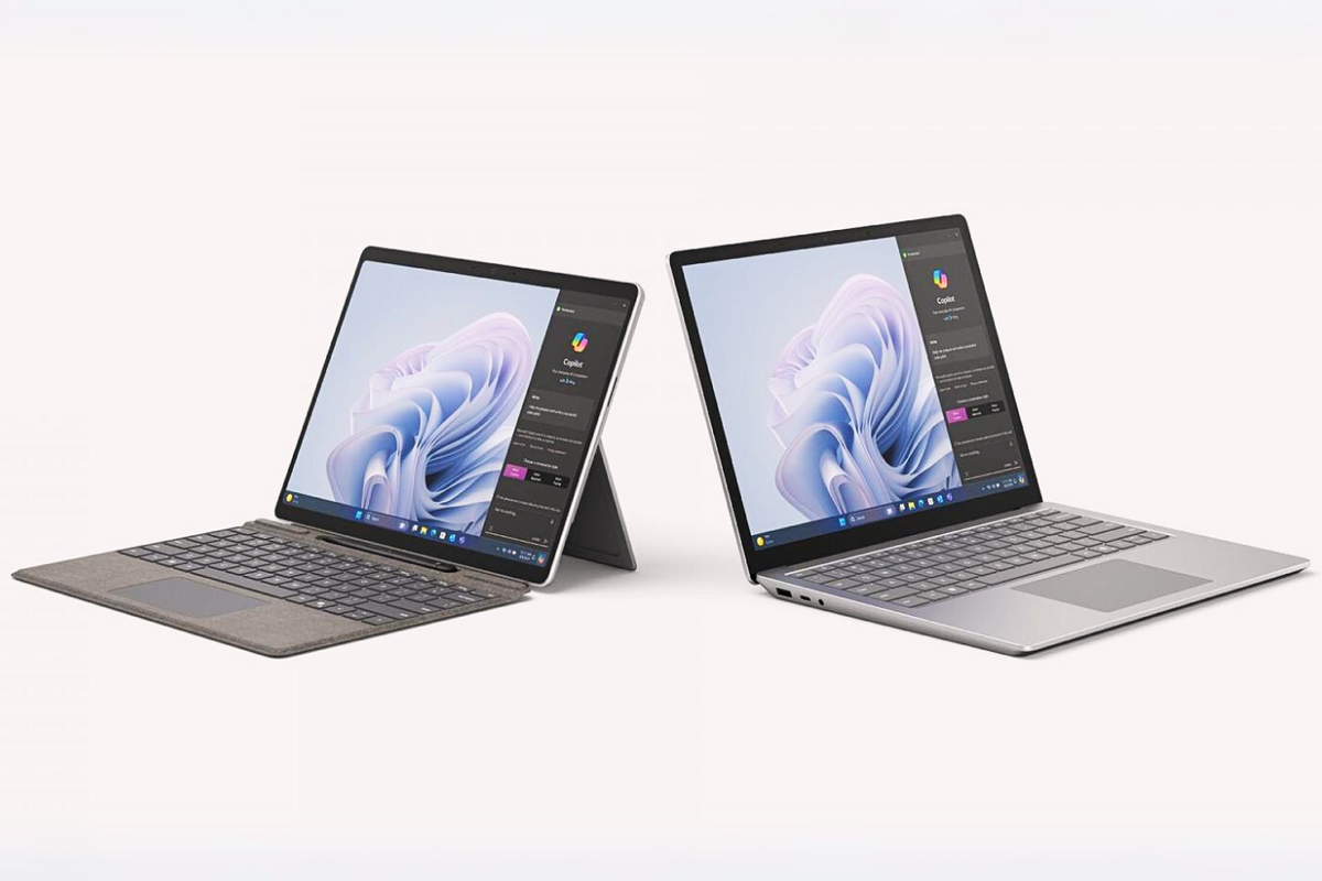 microsoft surface pro 10 for business pictured next to surface laptop 6 for business on a blank background 