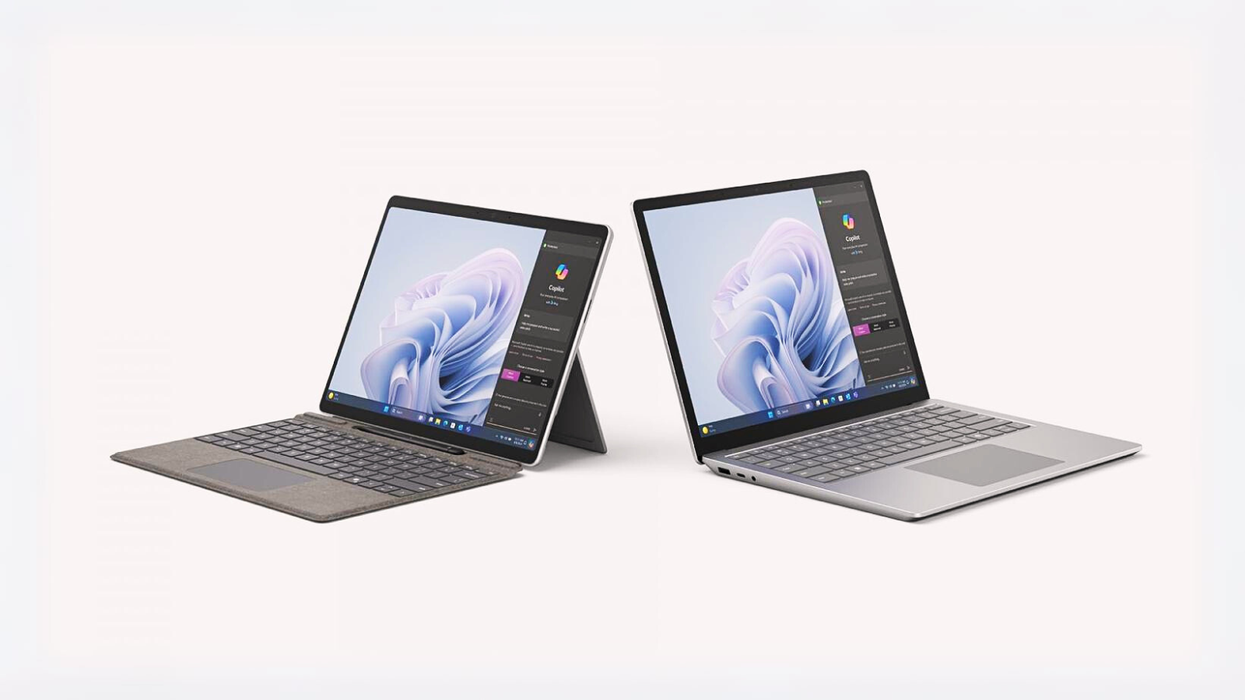 microsoft surface pro 10 for business pictured next to surface laptop 6 for business on a blank background