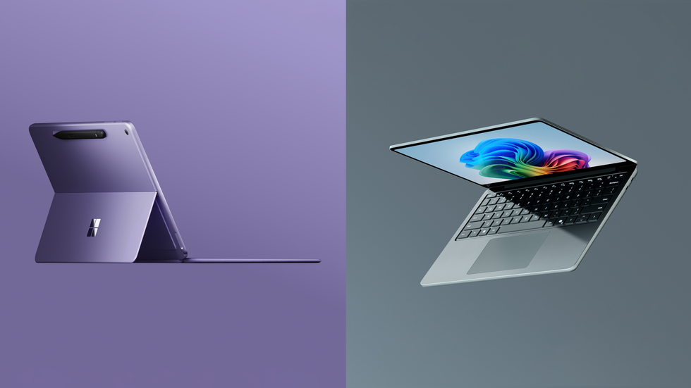 microsoft surface pro 12-inch in violet colour pictured on the left-hand side with surface laptop 13 in ocean pictured on the right, both shown on a plain background