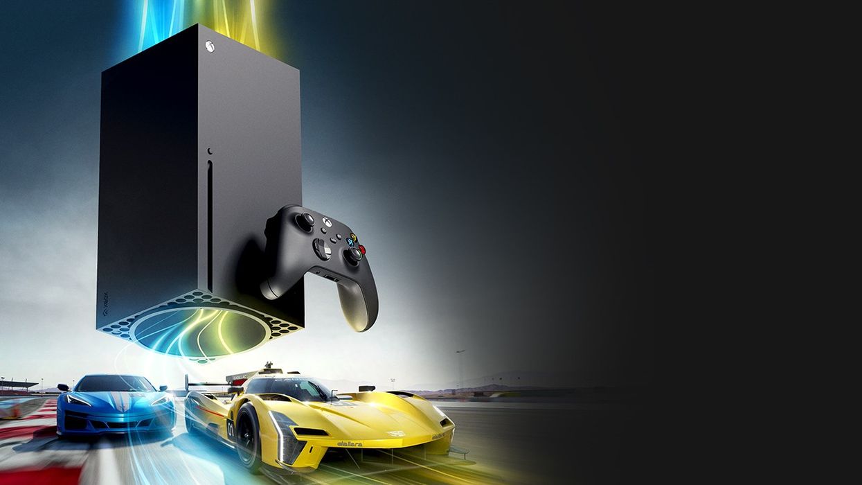 microsoft xbox console series x with wireless controller shown floating above a race track with colourful streaks and CGI graphics