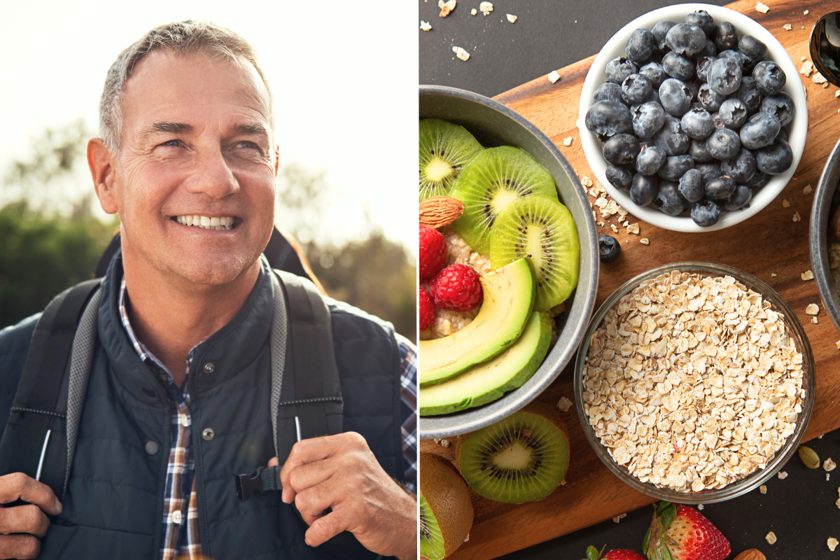 Middle aged man walking / healthy foods