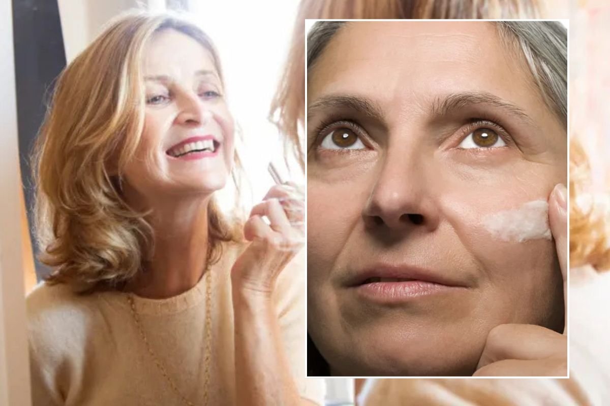 Middle-aged woman applying lipstick / Woman applying tinted moisturiser
