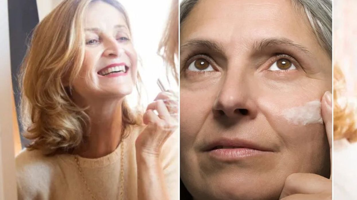 Middle-aged woman applying lipstick / Woman applying tinted moisturiser