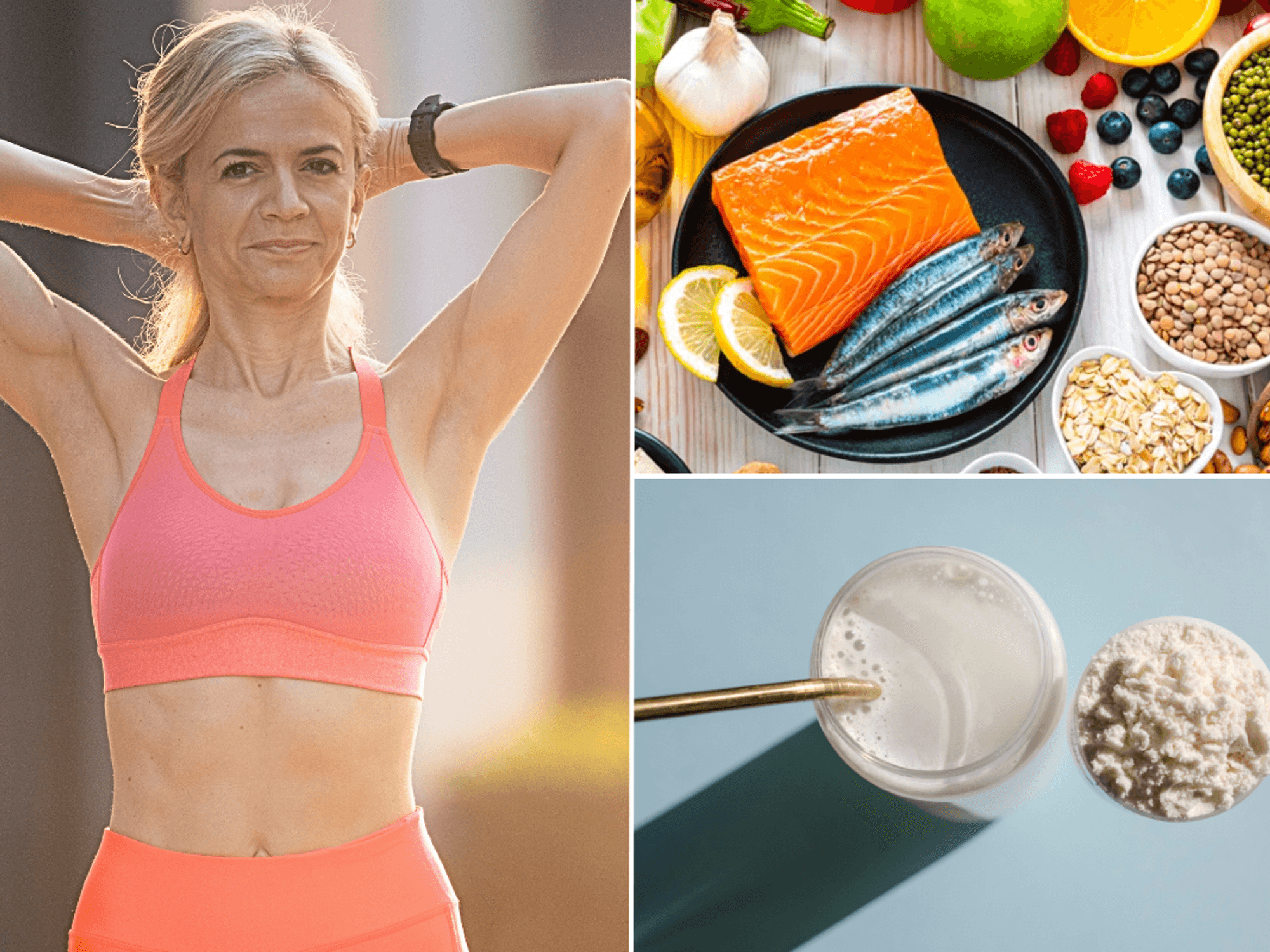 Middle aged woman in gym gear / high protein foods / protein shake