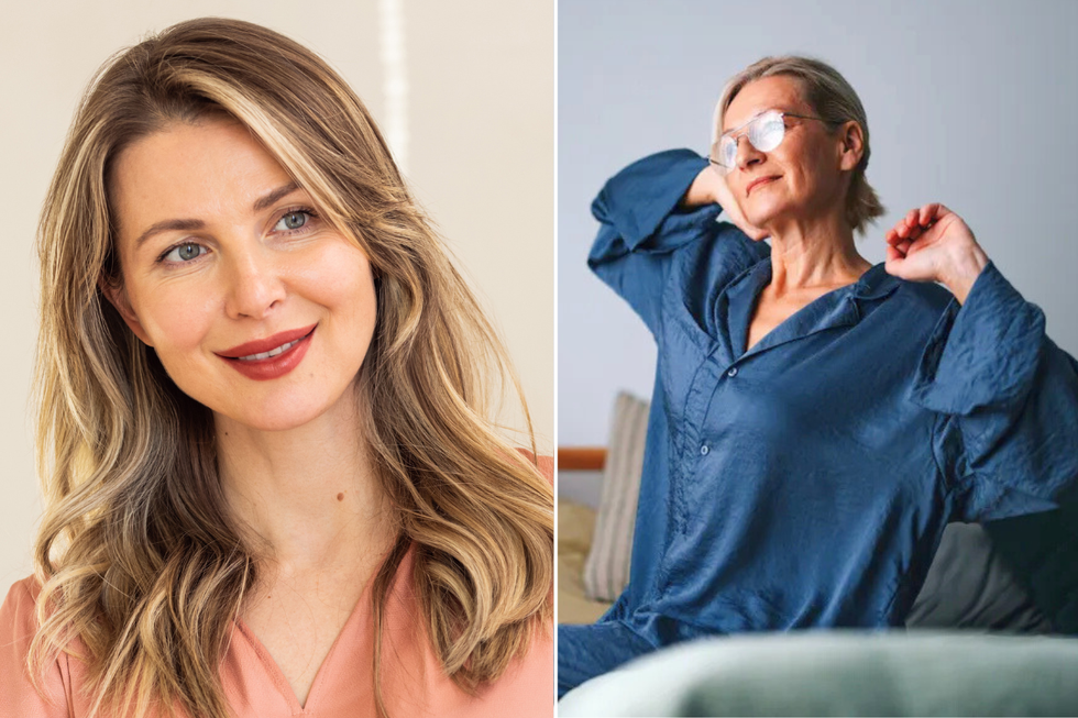 Middle aged woman in red lipstick / middle aged woman stretching