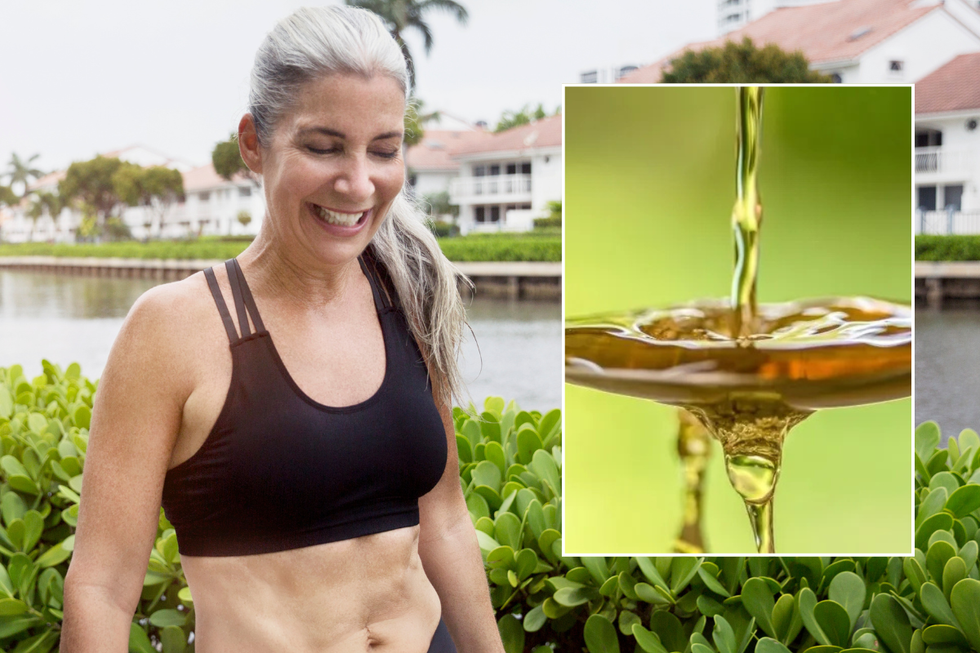 Middle aged woman in sports bra / vinegar on spoon