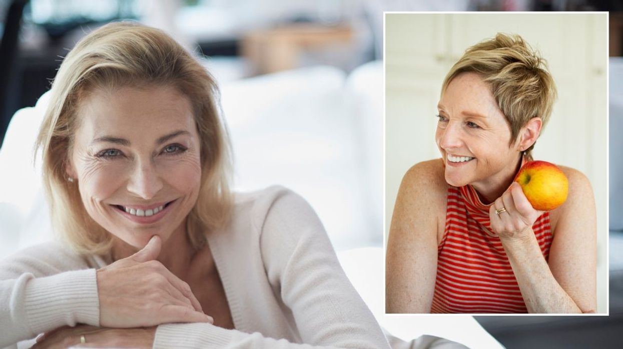 Middle-aged woman smiling / Middle-aged woman eating an apple