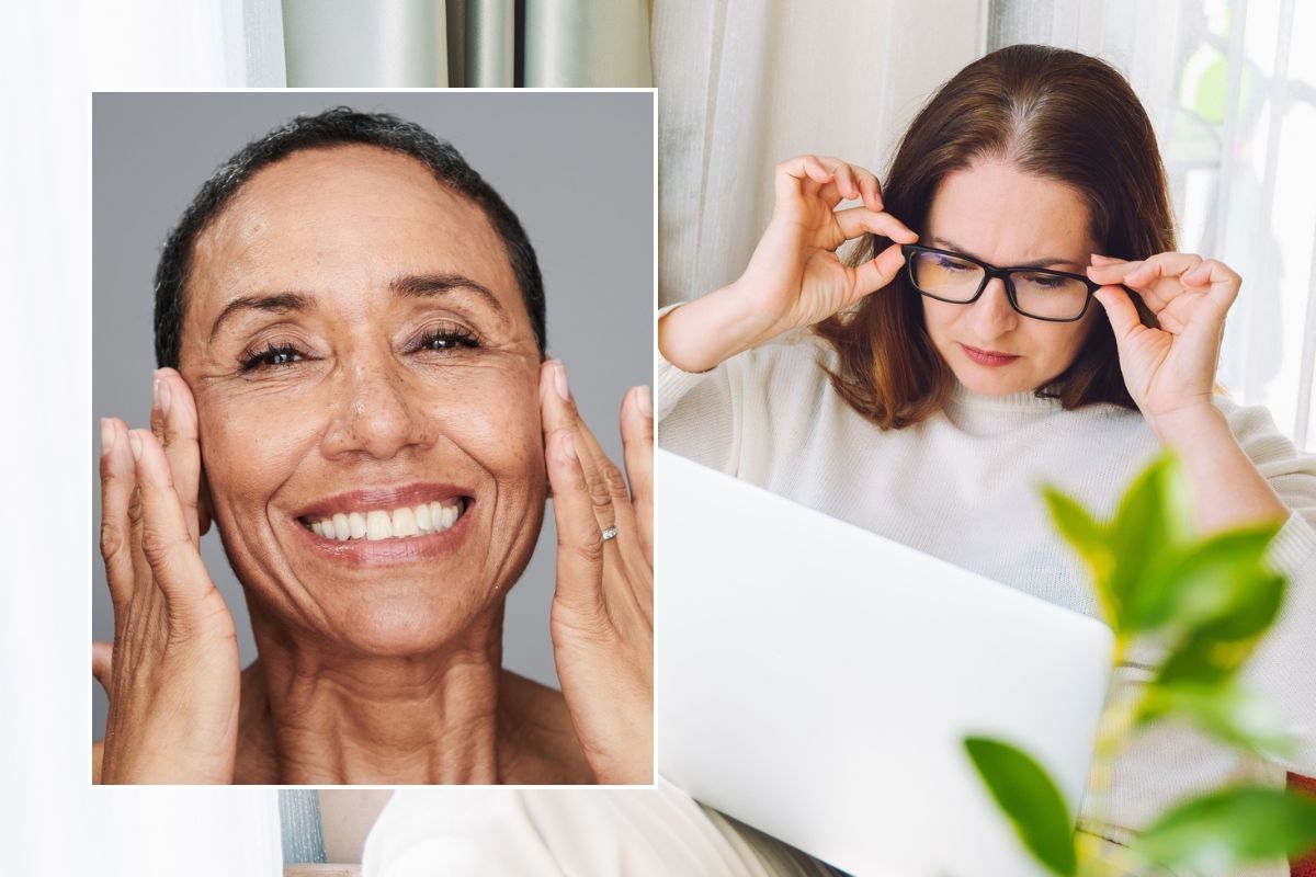 Middle-aged woman smiling, touching face / Woman wearing glasses, squinting to read something on laptop