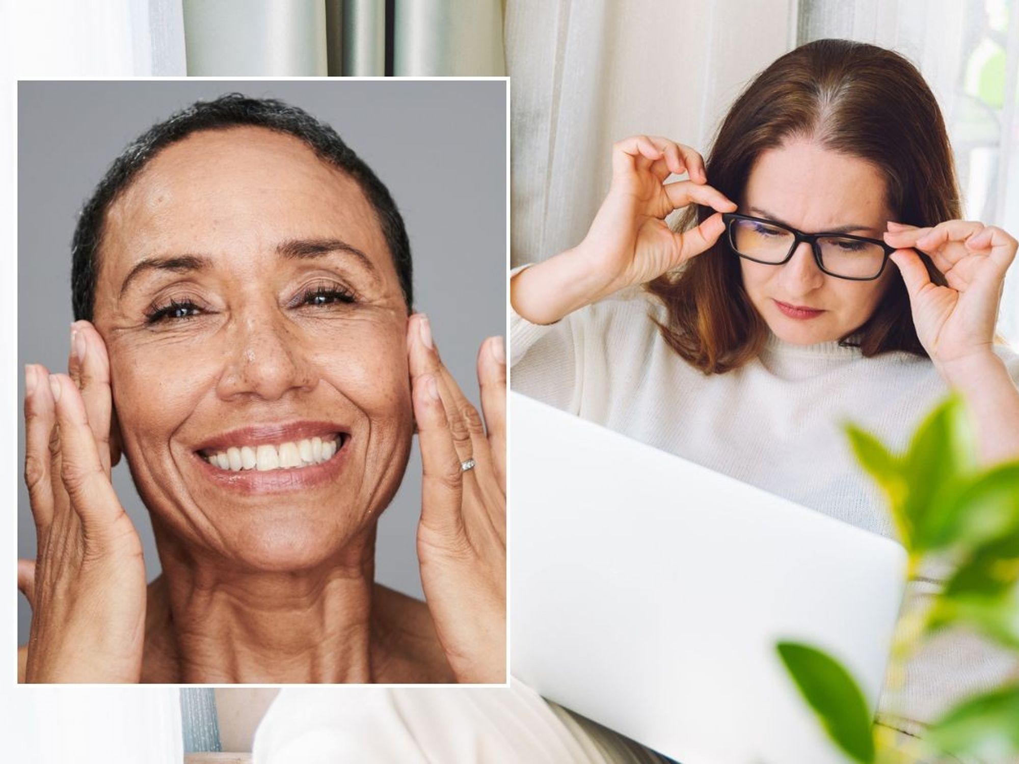 Middle-aged woman smiling, touching face / Woman wearing glasses, squinting to read something on laptop