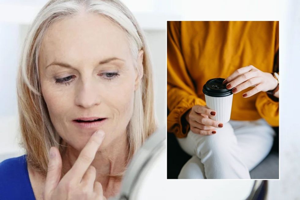 Middle-aged woman touching her face / Woman holding takeaway coffee