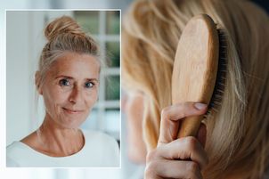 Middle-aged woman wearing hair in a bun / Woman brushing hair