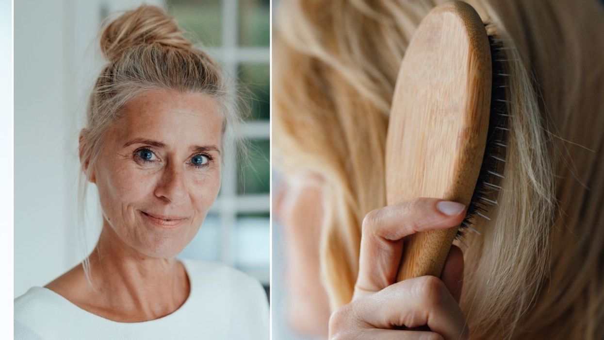 Middle-aged woman wearing hair in a bun / Woman brushing hair