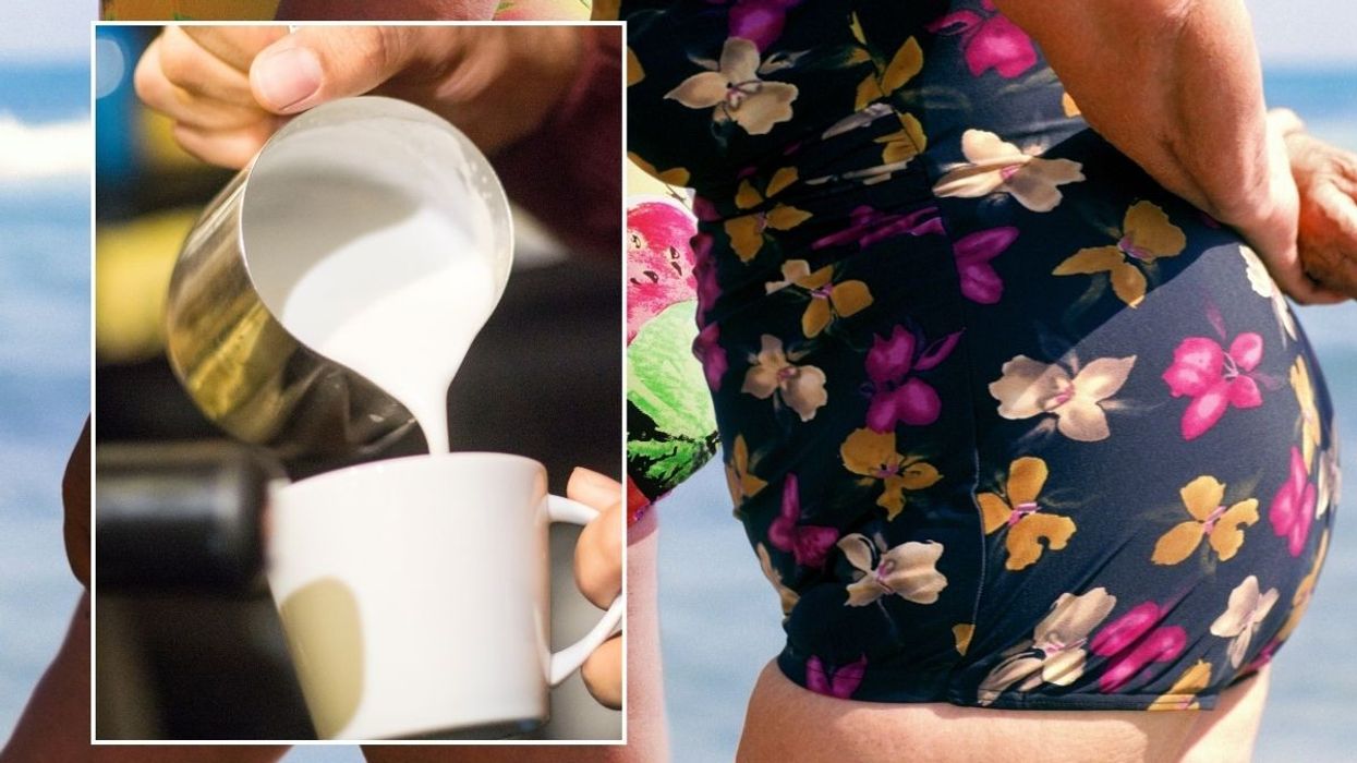middle-aged women in swimsuits and milk being poured