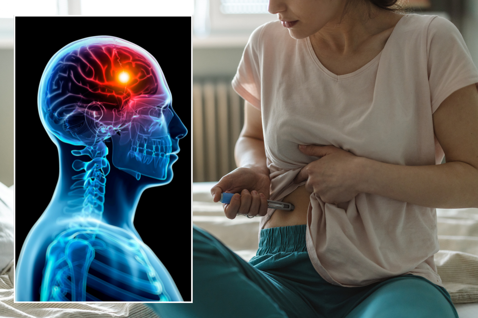 Migraine illustration; woman injecting herself with Ozempic