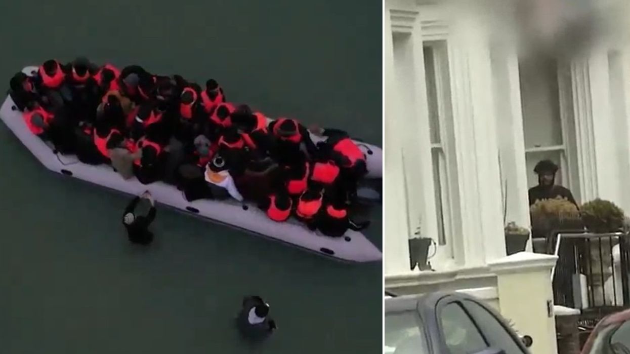 Migrant crossing and man outside migrant hotel