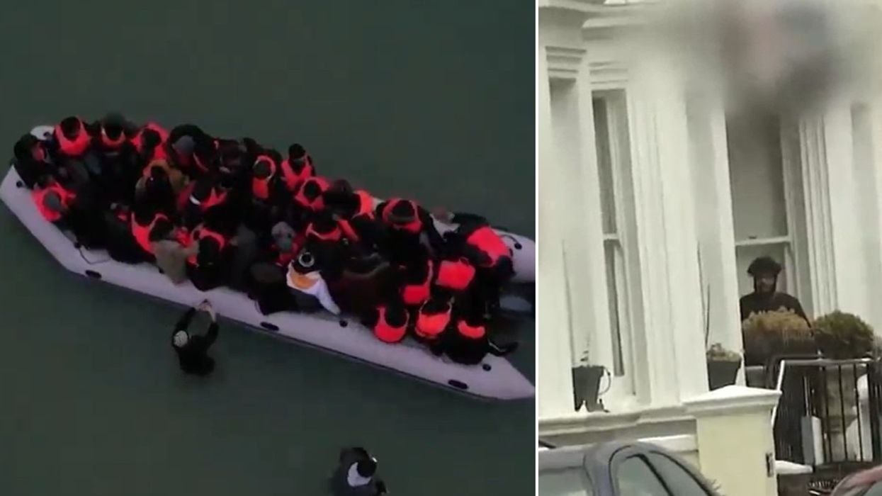 Migrant crossing and man outside migrant hotel