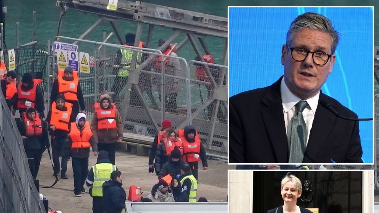 Migrants arriving in Kent with insets of Keir Starmer and Yvette Cooper