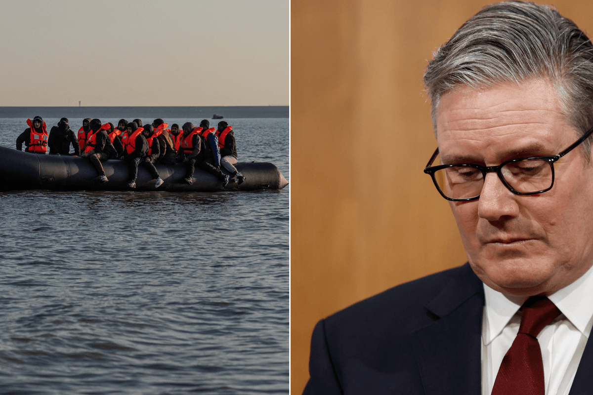 Migrants attempt Channel crossing in small boats (left), Keir Starmer (right)