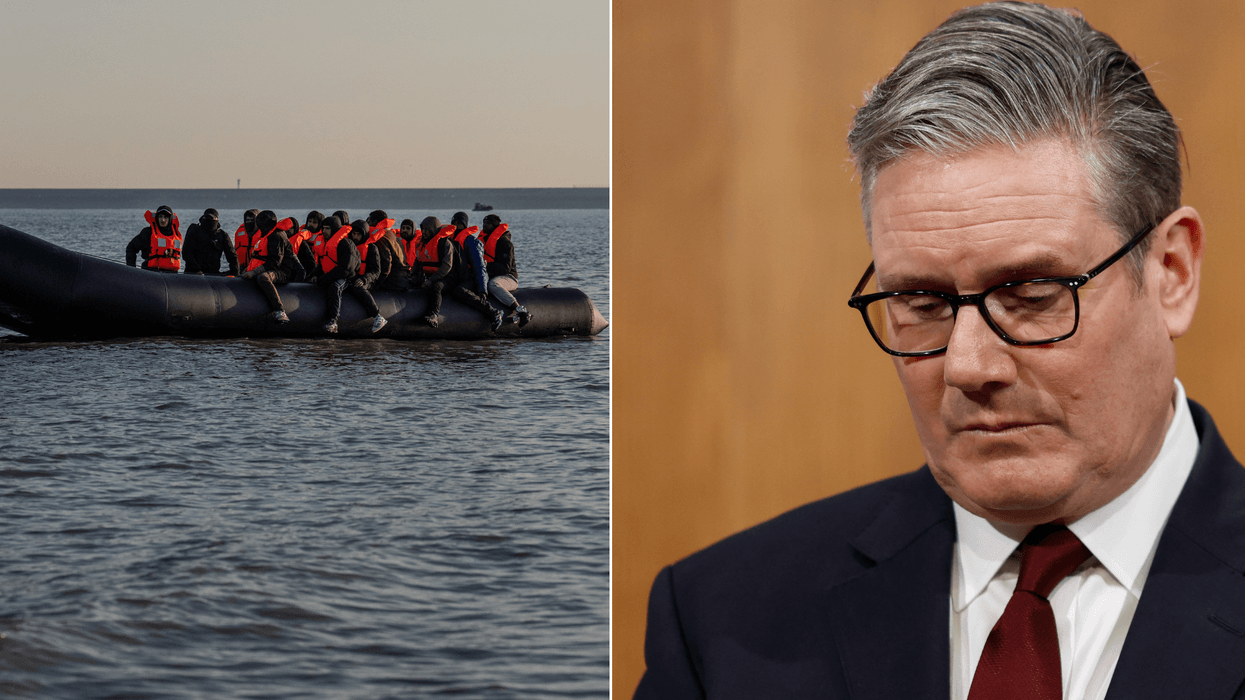 Migrants attempt Channel crossing in small boats (left), Keir Starmer (right)