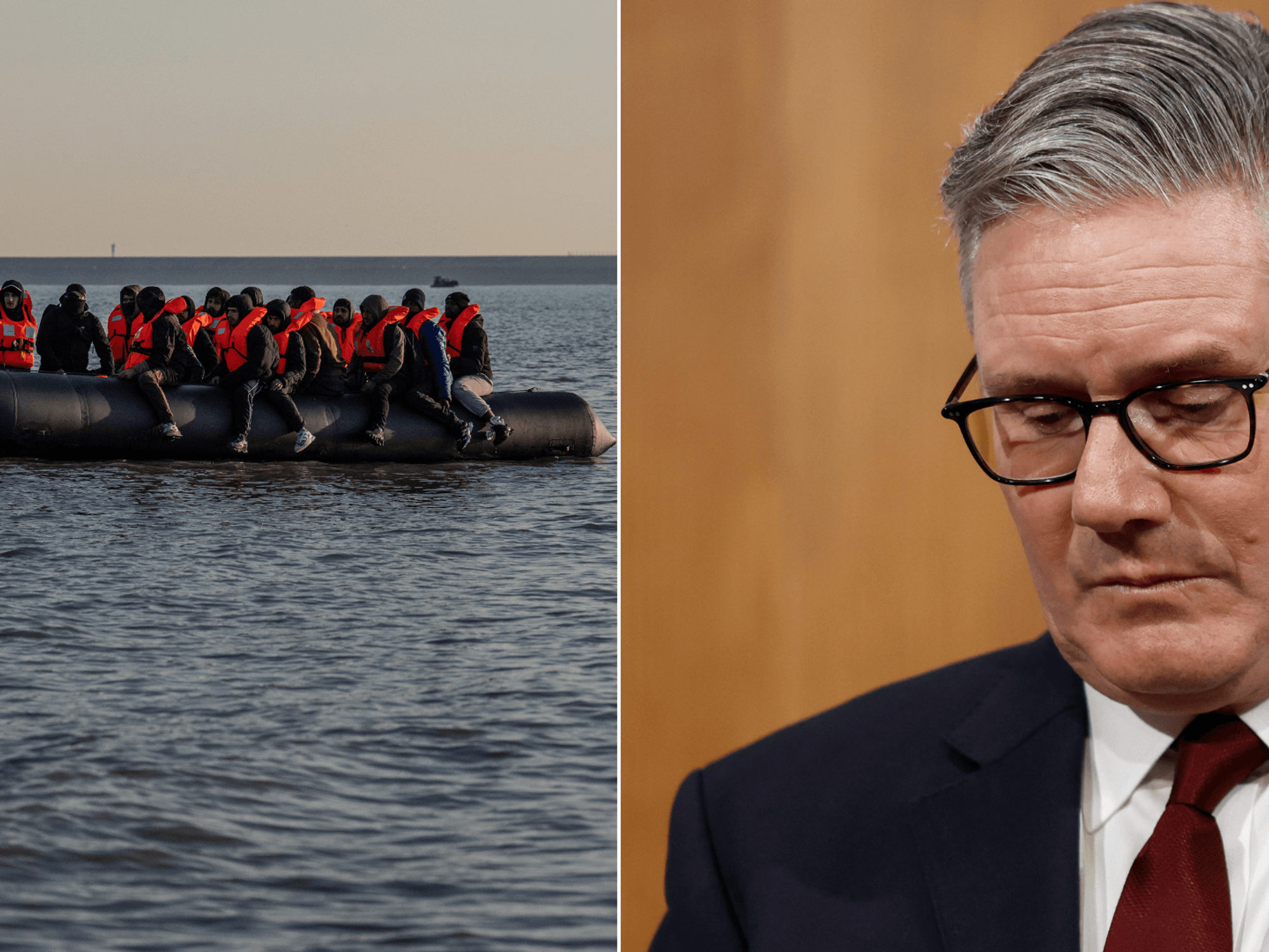 Migrants attempt Channel crossing in small boats (left), Keir Starmer (right)
